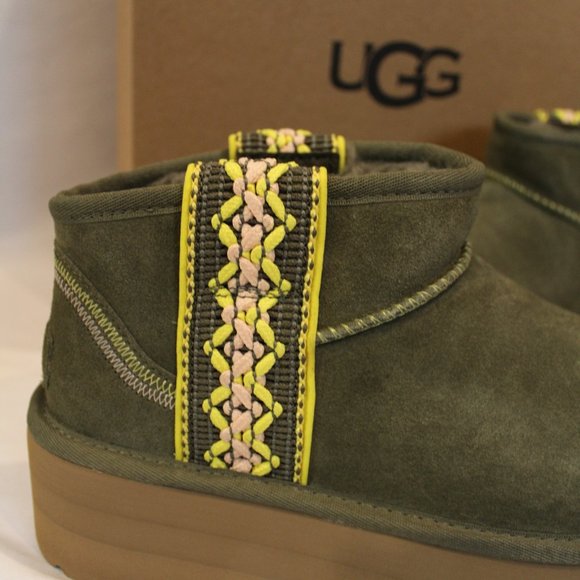 NIB UGG PLATFORM TASMAN BRAID ULTRA MINI SUEDE SHEARLING LINED BOOTS OLIVE GREEN - Picture 5 of 8